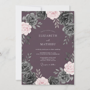 Mauve Charcoal Watercolor Floral Wedding Invitation