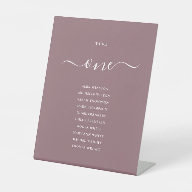 Mauve Chic Script Table Number Seating Chart Pedestal Sign (Front)