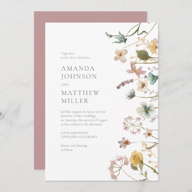 Mauve Chic Spring Delicate Pressed Florals Wedding Invitation (Front/Back)
