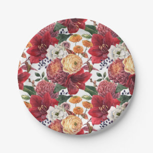 Mauve Chrysanthemums and Red Amaryllis Autumn Paper Plate