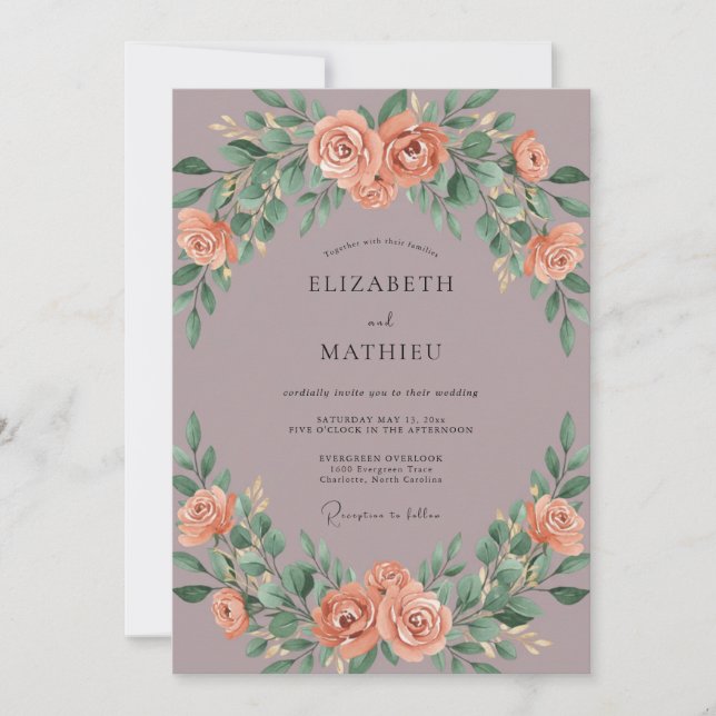 Mauve Coral Eucalyptus Wedding Invitation (Front)