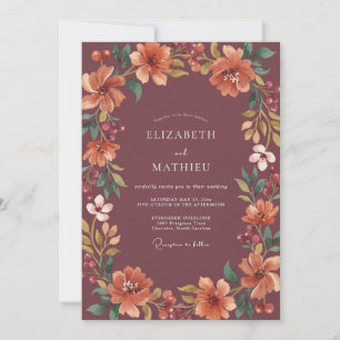 Mauve Coral Rustic Floral Wedding Invitation