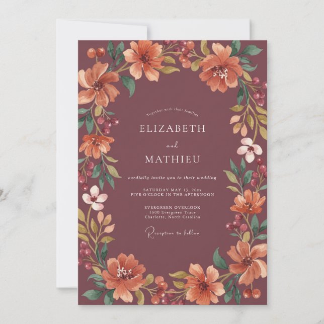 Mauve Coral Rustic Floral Wedding Invitation (Front)