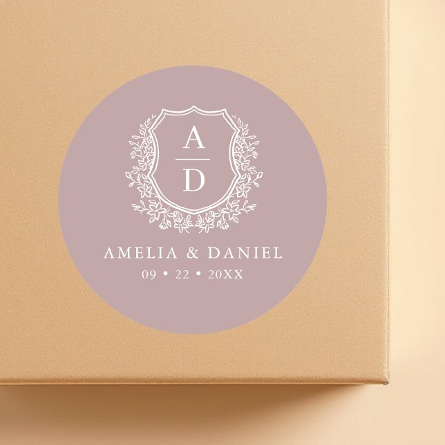Mauve Crest Modern Monogram Wedding  Classic Round Sticker (Creator Uploaded)