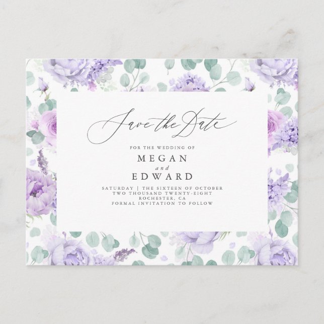 Mauve Dusty Purple Floral Save The Date Announcement Postcard (Front)