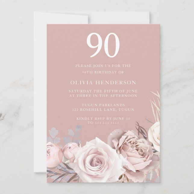 Mauve & Dusty Rose, Blush 90th Birthday Party Invitation (Front)