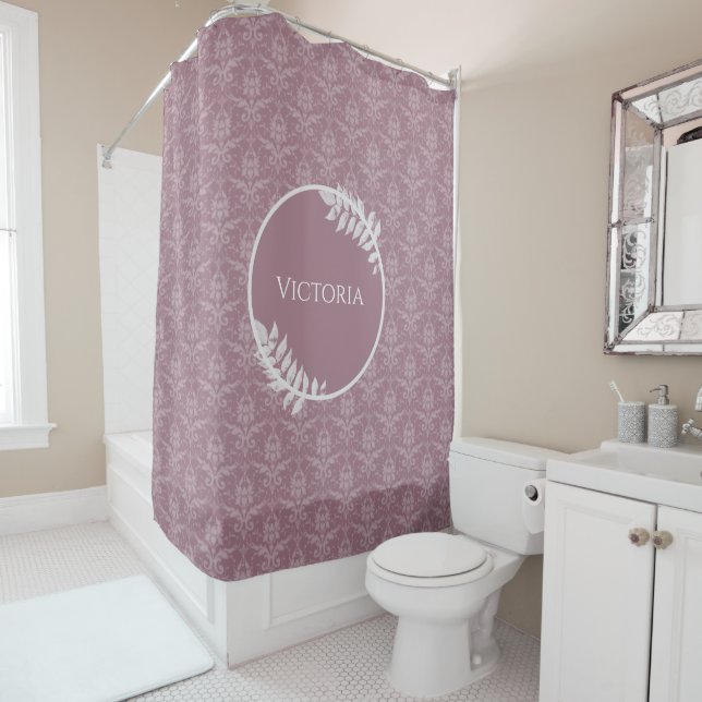 Mauve Elegant Damask Personalised Shower Curtain (In Situ)