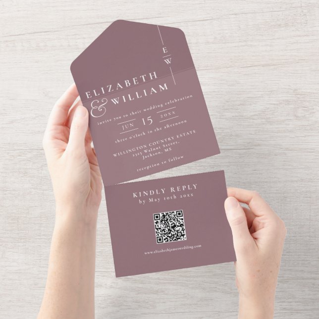 Mauve Elegant Minimalist Monogram QR Code Wedding All In One Invitation (Tearaway)