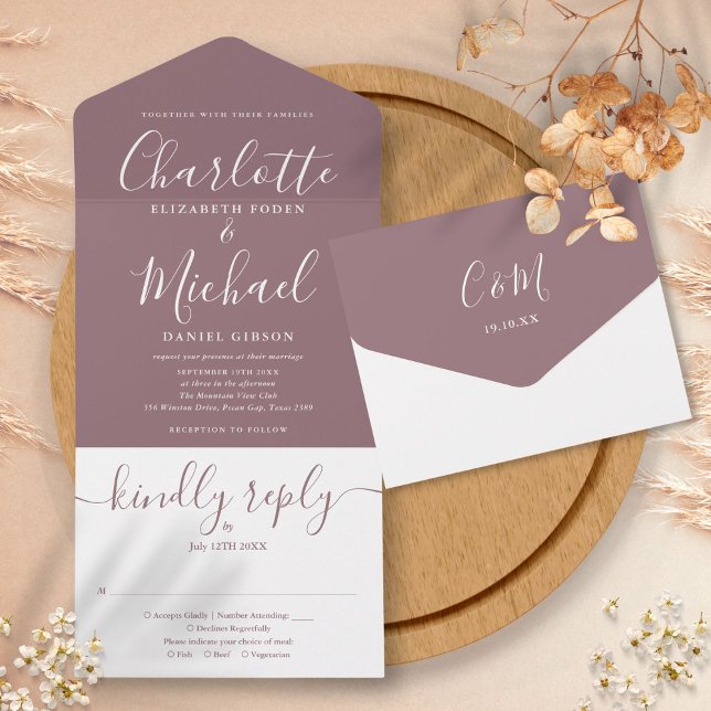 Mauve Elegant Modern Script Minimalist Wedding All In One Invitation (Mauve Elegant Modern Script Minimalist Wedding All In One Invitation)