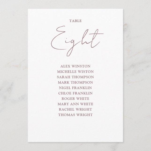 Mauve Elegant Modern Seating Chart Table Number (Front)