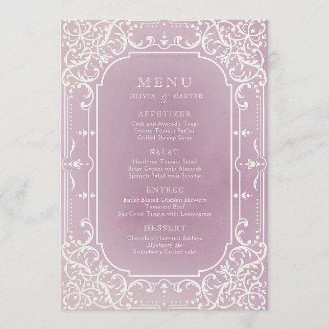 Mauve elegant romantic vintage wedding menu (Front)