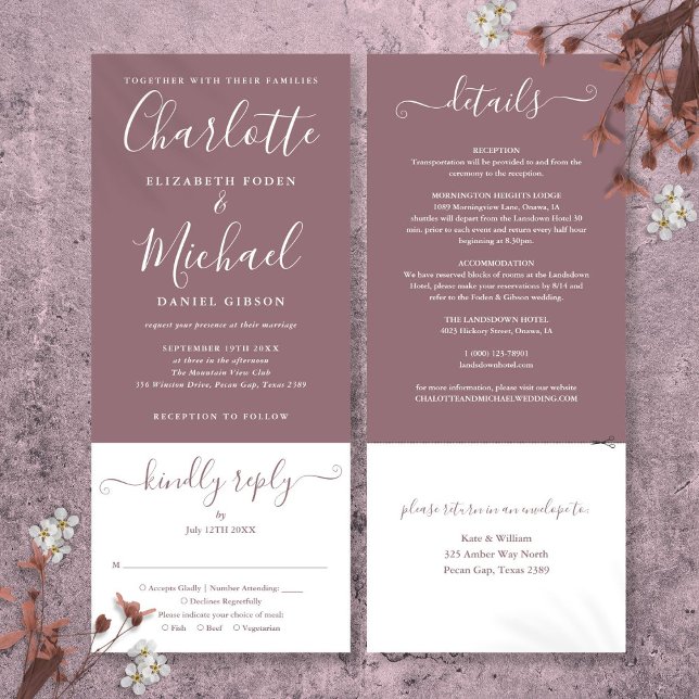 Mauve Elegant Script All In One Wedding Invitation (Mauve Elegant Script All In One Wedding Invitation)