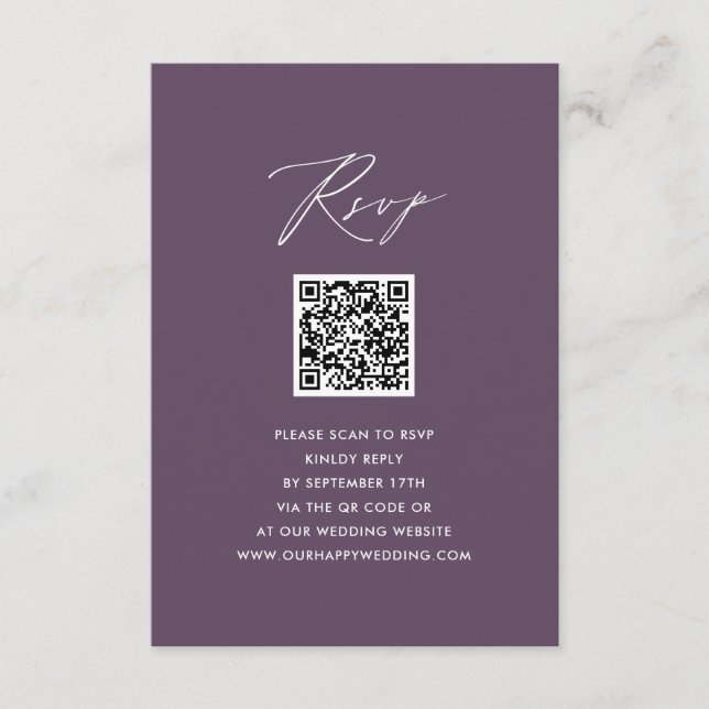 Mauve Elegant Script Minimalist QR Wedding RSVP Enclosure Card (Front)