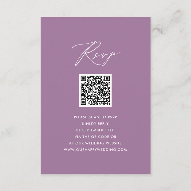 Mauve Elegant Script Minimalist QR Wedding RSVP Enclosure Card (Front)