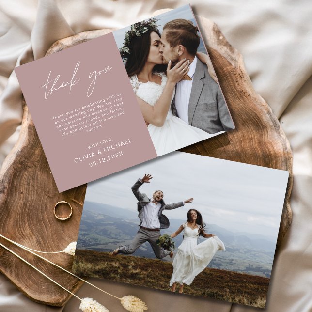 Mauve Elegant Script Photo Wedding Thank You Card (Creator Uploaded)