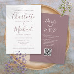 Mauve Elegant Script QR Code Wedding Invitation<br><div class="desc">Featuring signature style names,  this elegant mauve wedding invitation can be personalized with all your special wedding day information on the front and your wedding website details and QR code on the reverse. Designed by Thisisnotme©</div>