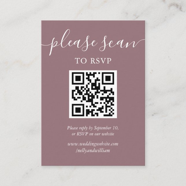 Mauve Elegant Script RSVP QR Code Enclosure Card (Front)