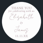 Mauve Elegant Script Wedding Thank You Classic Round Sticker<br><div class="desc">This mauve minimalist elegant script wedding thank you sticker can be personalised with your information in chic modern typography. Designed by Thisisnotme©</div>