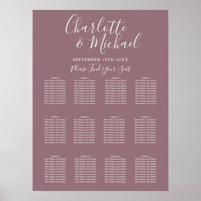 Mauve Elegant Signature Wedding Seating Chart (Front)