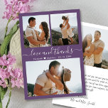 Mauve Elegant Thanks Script Photo Collage Wedding  Thank You Card<br><div class="desc">Elegant Elegant Minimalist Hand Lettered Wedding 3 Photo Collage Thank You Card in Mauve Purple colour. Stylish wedding thank you card template featuring three photo on the front and one photo on the back. With the text "Love and thanks" in a cursive hand lettered calligraphy or typography script in white...</div>