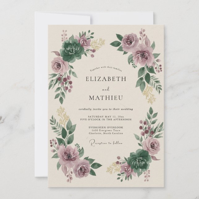 Mauve Emerald Moody Winter Wedding Invitation (Front)