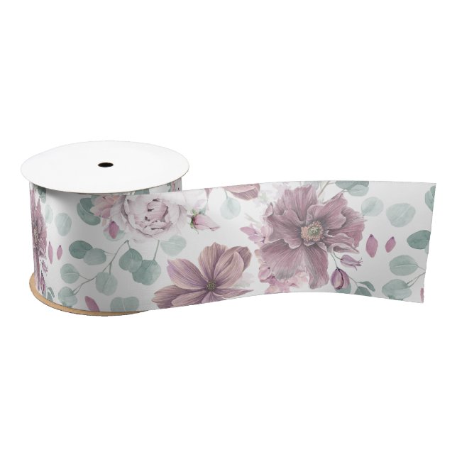 Mauve Floral and Greenery Pattern Elegant Satin Ribbon (Spool)