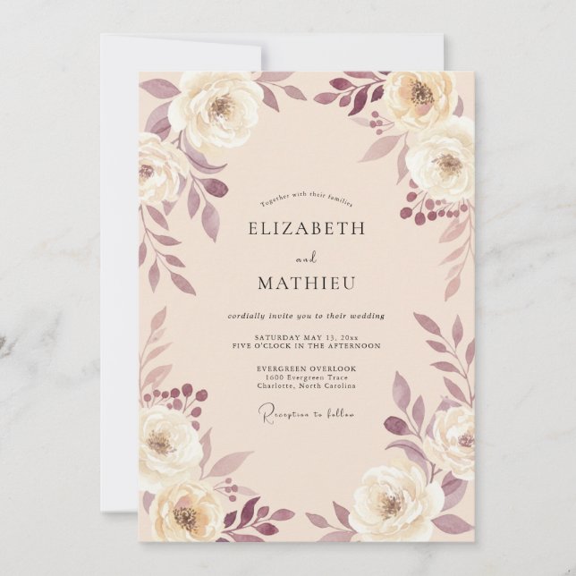 Mauve Floral Arch Romance Wedding Invitation (Front)