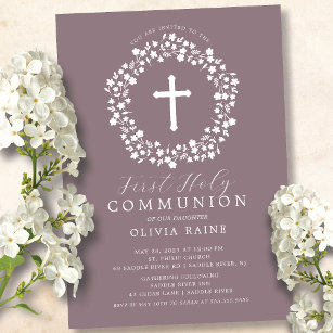 Mauve Floral Girls First Communion Invitation