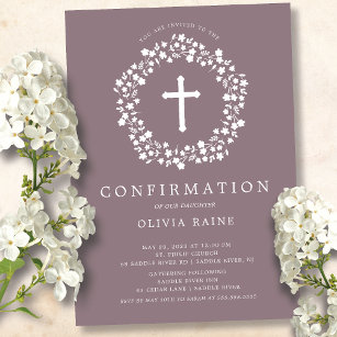 Mauve Floral Girls First Confirmation Invitation