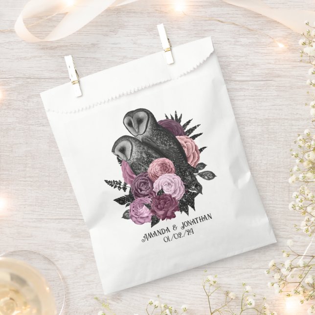 Mauve Floral Glam Gothic Owls Wedding Favour Bags (Clipped)
