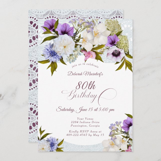 Mauve Floral Grandma's Garden 80th Invitation (Front/Back)