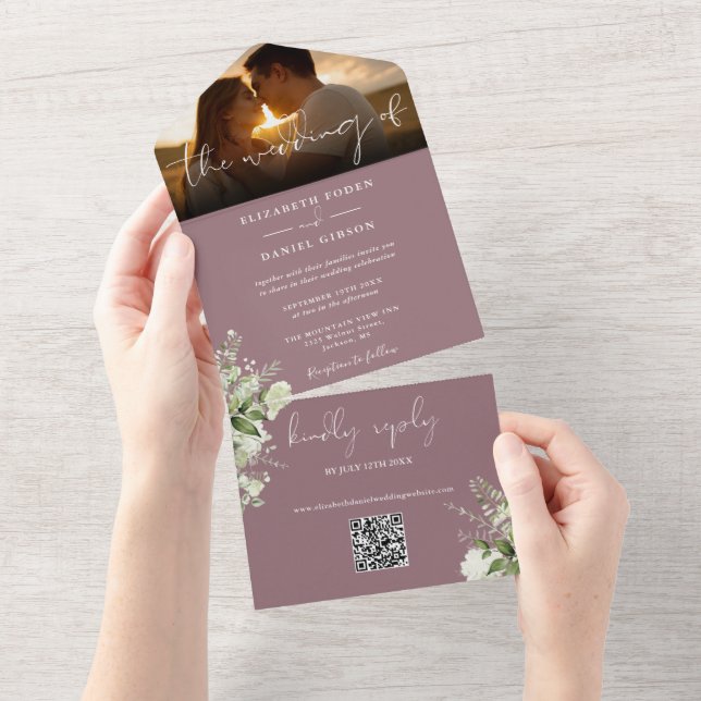 Mauve Floral Greenery QR Code Wedding Photo All In One Invitation (Tearaway)
