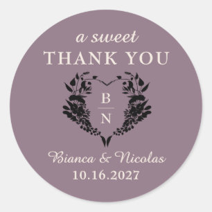 Mauve Floral Heart Monogram Wedding Thank You Classic Round Sticker