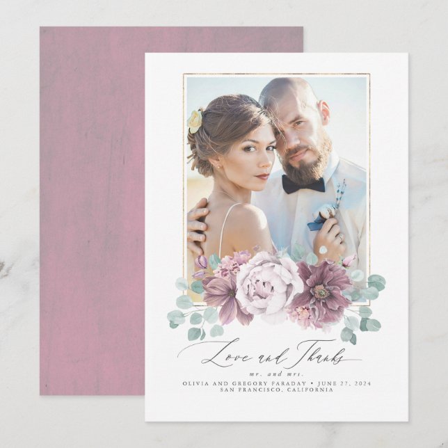 Mauve Floral Love and Thanks Wedding Thank You Invitation (Front/Back)