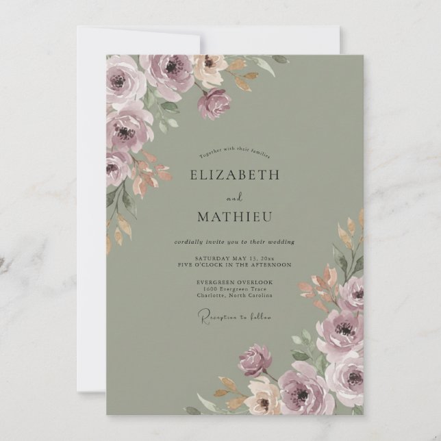 Mauve Floral Painterly Flourish Wedding Invitation (Front)