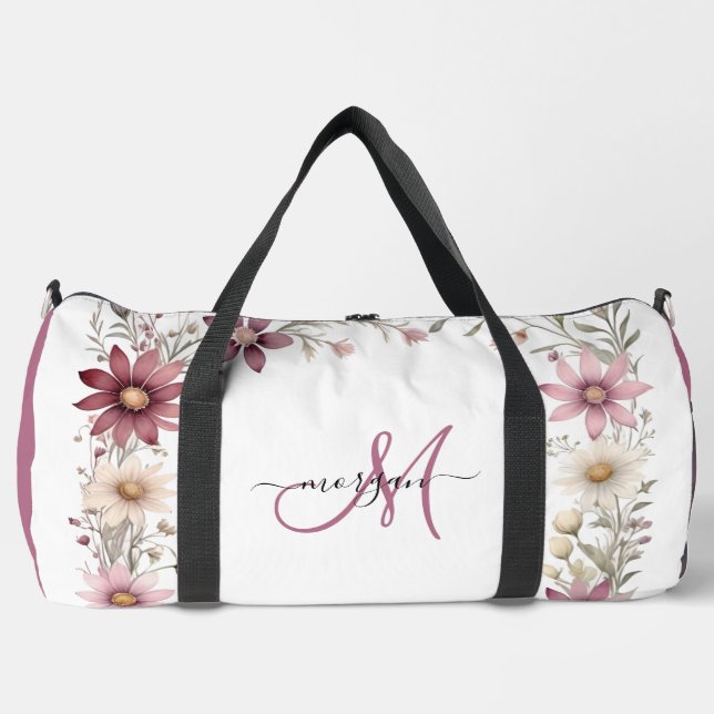 Mauve Floral Personalised Gym Duffel Bag (Front)