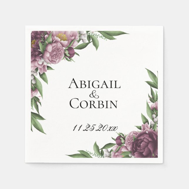 Mauve Floral Personalised Wedding Paper Napkins (Front)