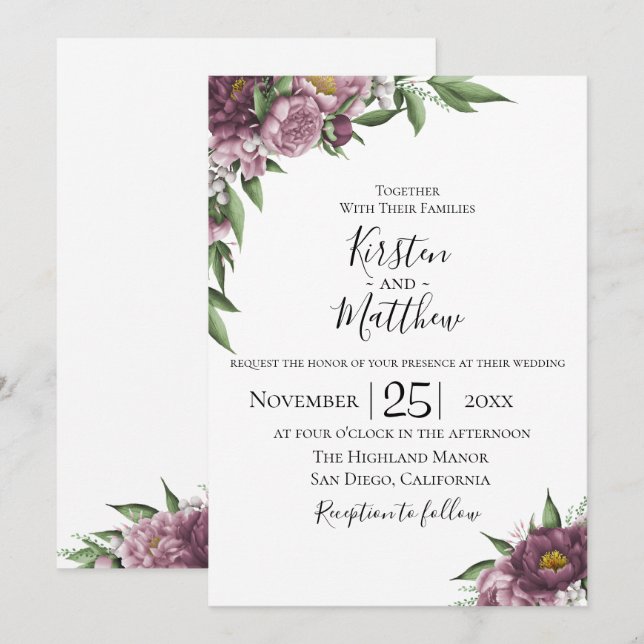 Mauve Floral Wedding Invitation (Front/Back)