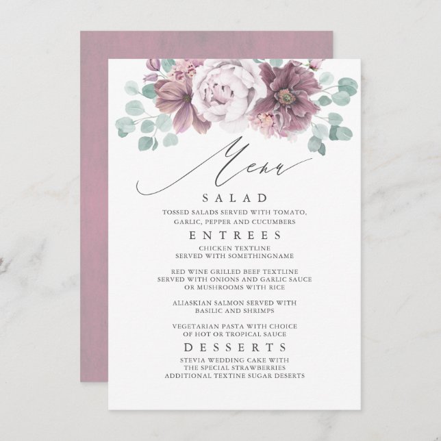 Mauve Floral Wedding Menu (Front/Back)