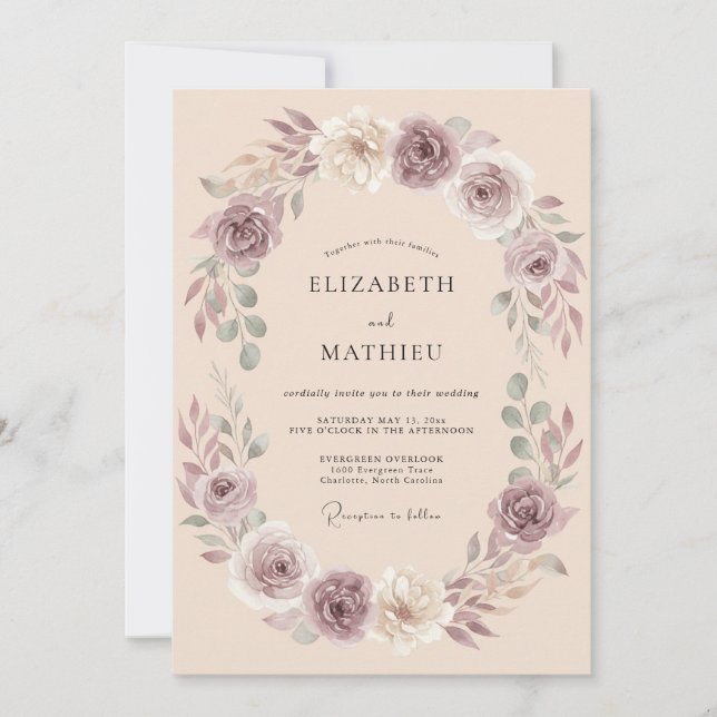 Mauve Floral Wreath Wedding Invitation (Front)