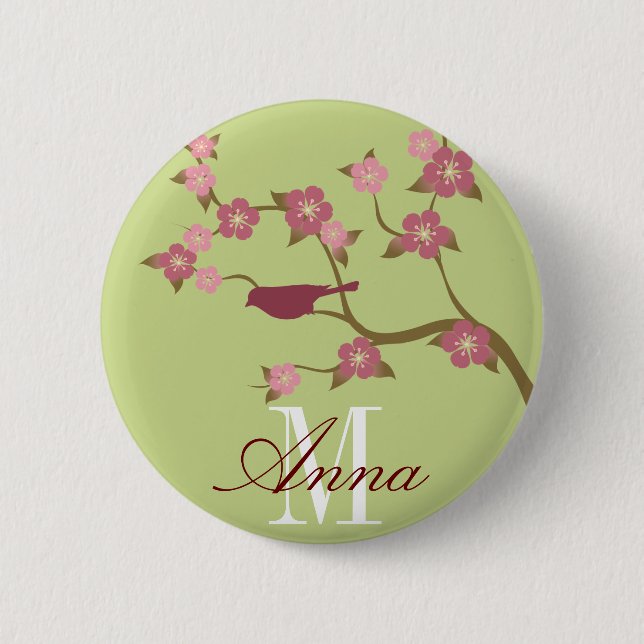 Mauve Flower Bird Custom Name Button Green (Front)