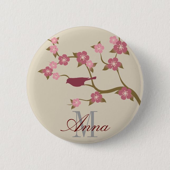 Mauve Flower Bird Custom Name Button Grey (Front)