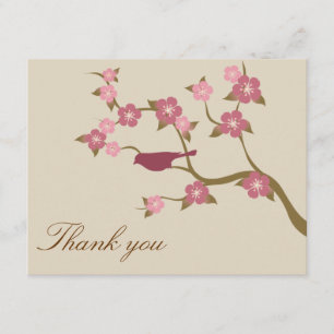 Mauve Flower Bird Flat Thank You Card Grey