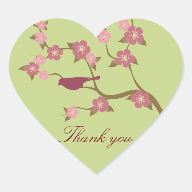 Mauve Flower Bird Thank You Heart Sticker Green (Front)