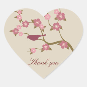 Mauve Flower Bird Thank You Heart Sticker Grey