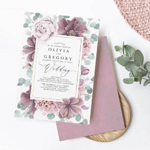 Mauve Flowers and Greenery Elegant Stylish Wedding Invitation