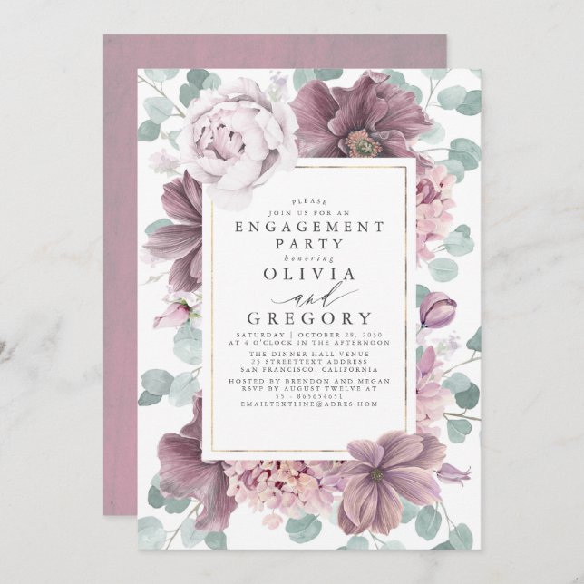 Mauve Flowers and Greenery Modern Engagement Party Invitation (Front/Back)