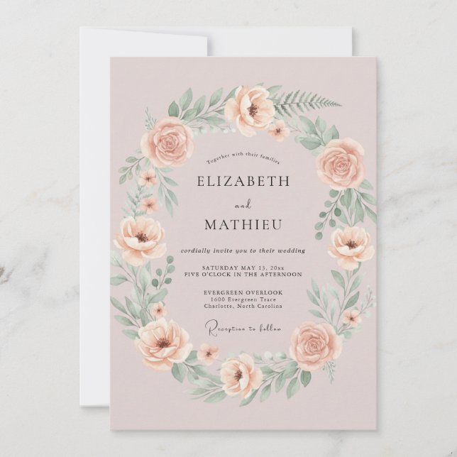 Mauve Gentle Blossom Wreath Wedding Invitation (Front)