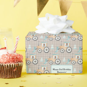 Mauve Gingham Plaid Farm Tractor Photo Name  Wrapping Paper