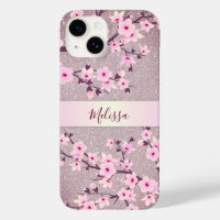 Mauve Glitter Floral Cherry Blossoms Monogram